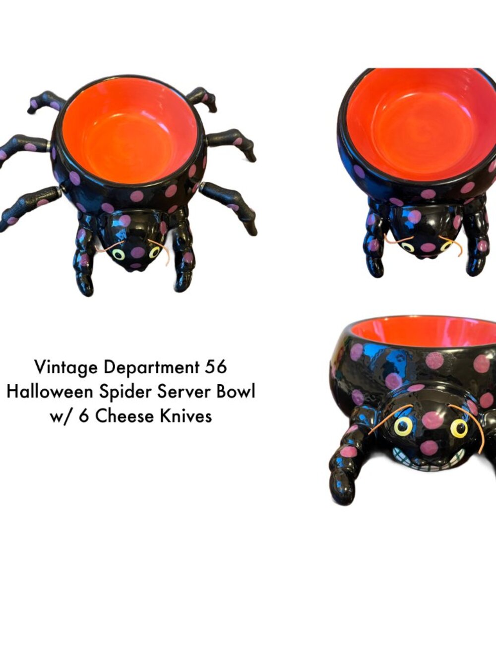 Department 56 Halloween Spider Serving Bowl w/ 6 Cheese Spreaders Vintage EUC